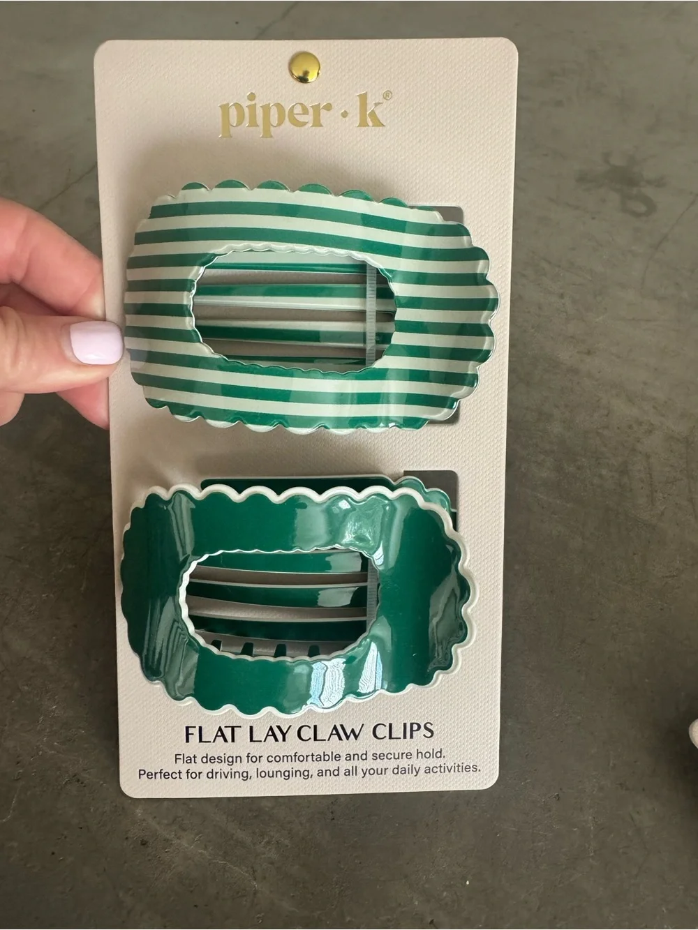 Piper•K Green Striped and Solid cute “ruffled”edged, Flat Lay Claw Clip Duo